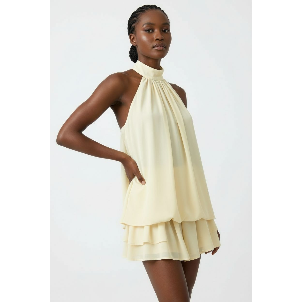 Halter Neck Layered Chiffon Mini Dress.  YELLOW SUB TRADING