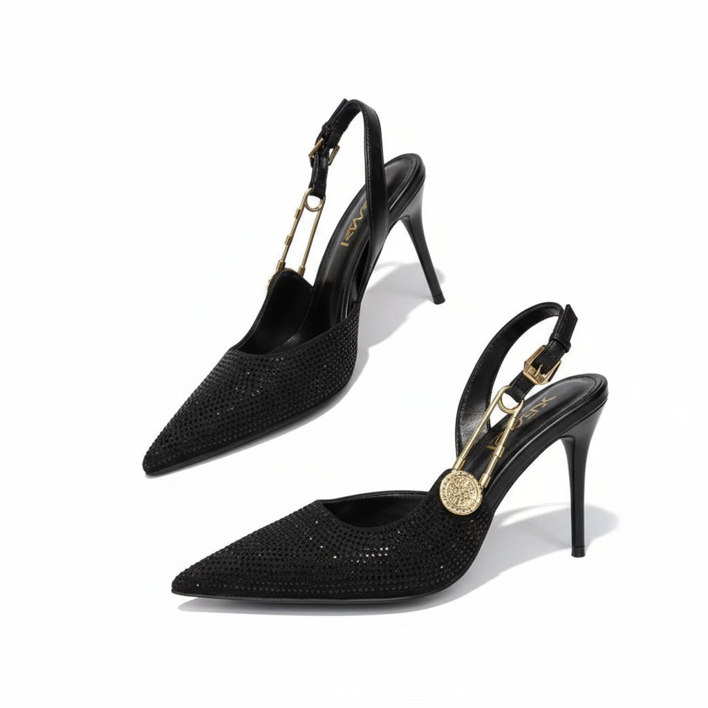 Yellow Gold Beaded Pointed Toe Slingback Stiletto Shoes main image 0