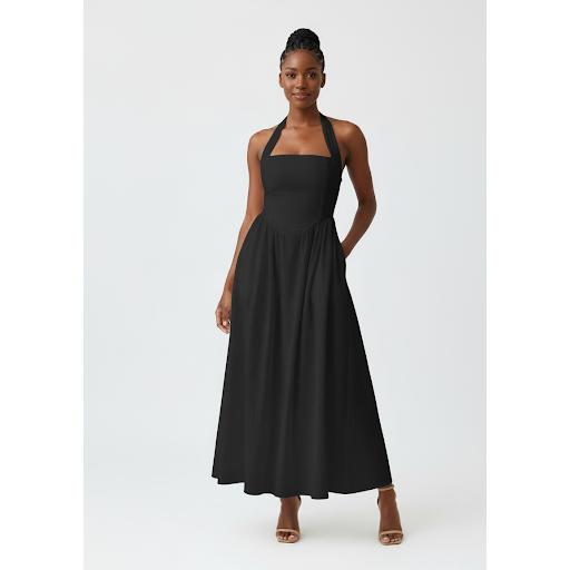 Shiny Halter A-line  Pleated Maxi Dress Steel Grey main image 1