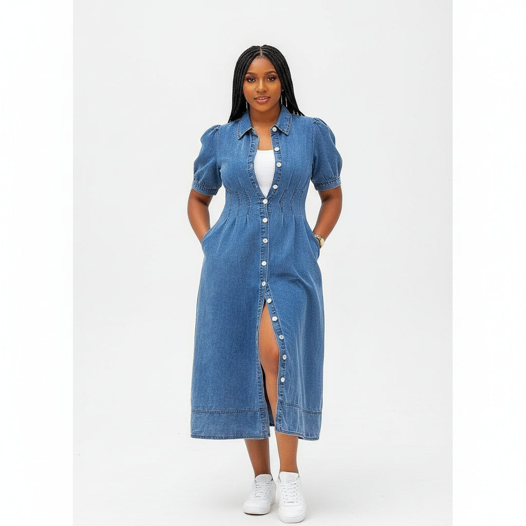 Denim Button Detailed Slit Dress – YELLOW SUB TRADING