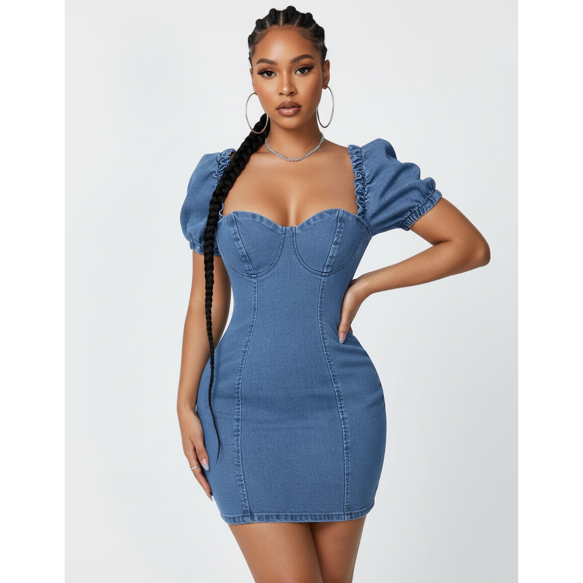Anna-Kaci Women¡¯s Puff Sleeve Denim Babydoll Dress with Square Neckline Adjustable Front Tie Detail and Soft A-Line Silhouette