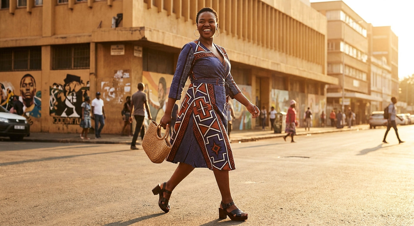 A confident woman wearing a bold African heritage print dress walks through a sunlit South African urban street, styled in a modern and effortless way.