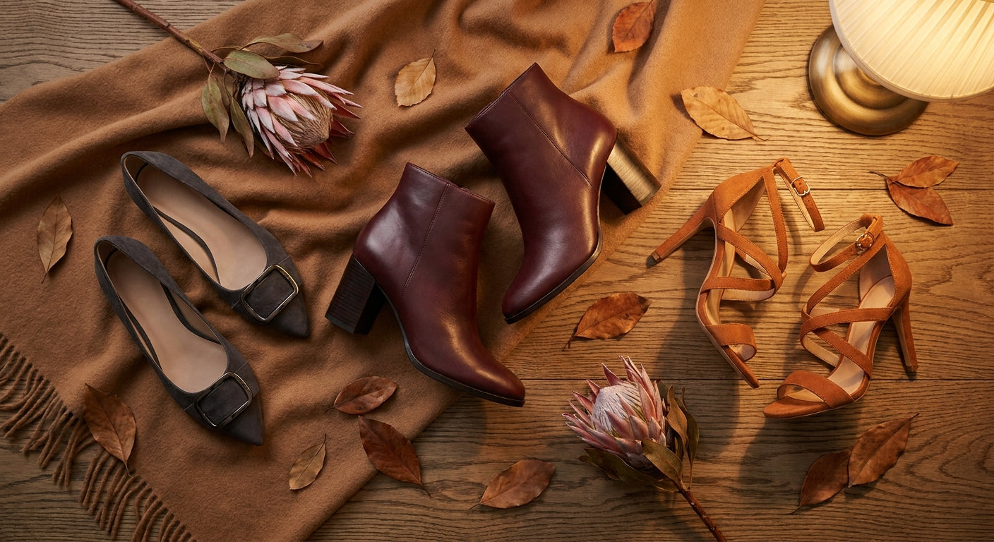 A stylish editorial flat-lay of three pairs of women's shoes — ankle boots, flats, and heels — arranged on a warm-toned surface with winter textures in rich burgundy, caramel, and charcoal tones.