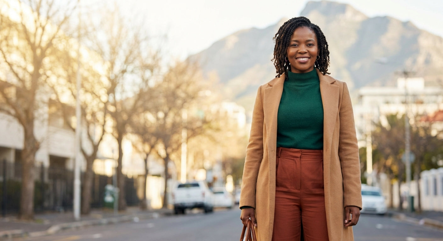 A stylish South African woman in a layered jewel-tone winter outfit poses confidently against a blurred urban backdrop in warm golden-hour light.