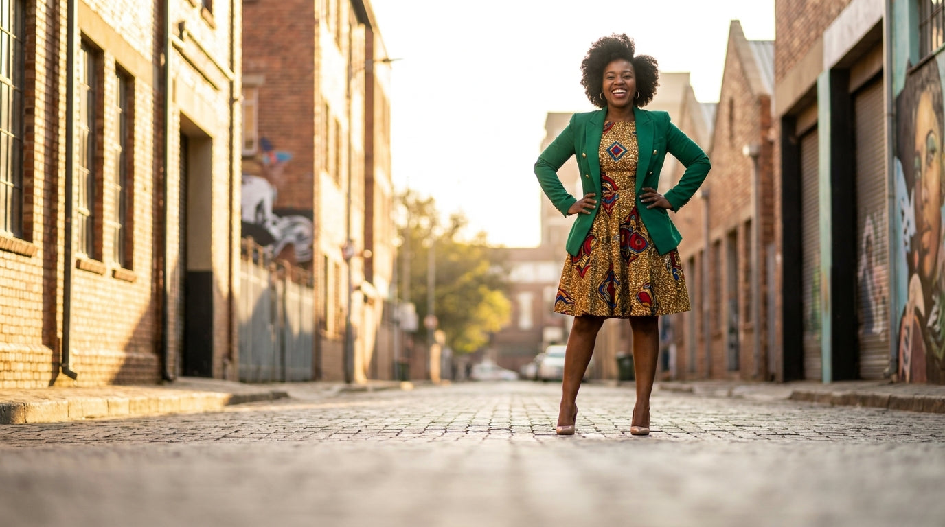A confident South African woman in a bold structured blazer over an African print outfit, standing in a sun-lit urban street setting with commanding presence.