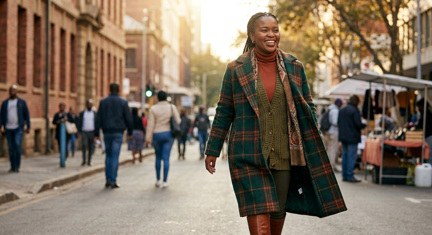 A stylish woman in a layered winter outfit walks confidently through a sunlit urban South African street, wearing a turtleneck, knit cardigan, and longline coat in warm earth and jewel tones.