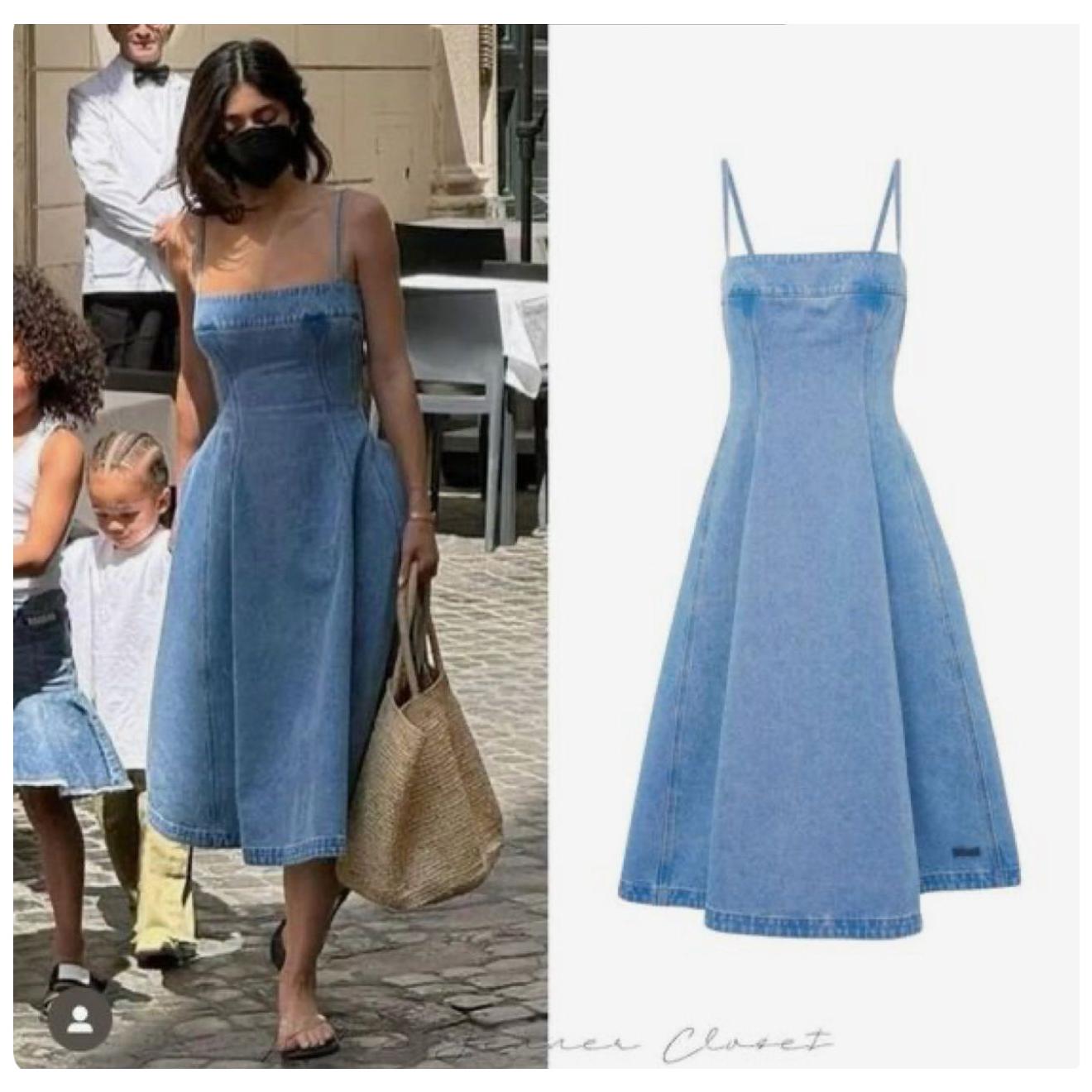 Light Blue Coated Denim Balloon Midi Dress