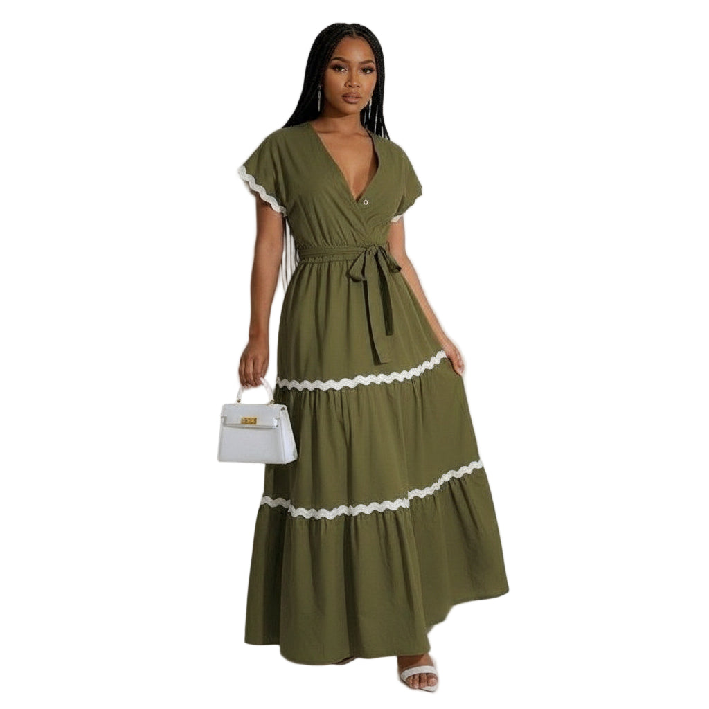 Plus Puff Sleeve Frilled Contrast Tape Belted Dress.