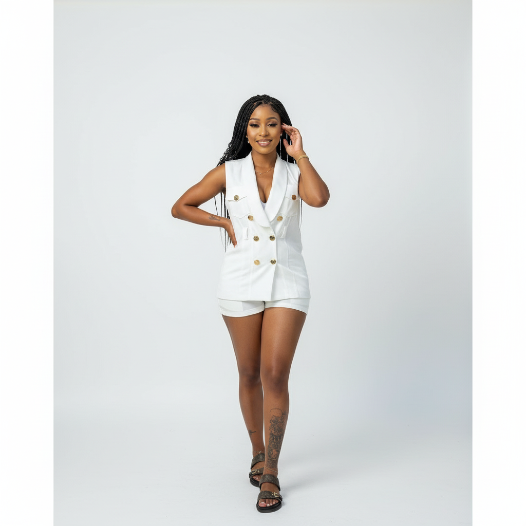 Ruffle Trim Double Breasted Belted Vest Blazer and short set .