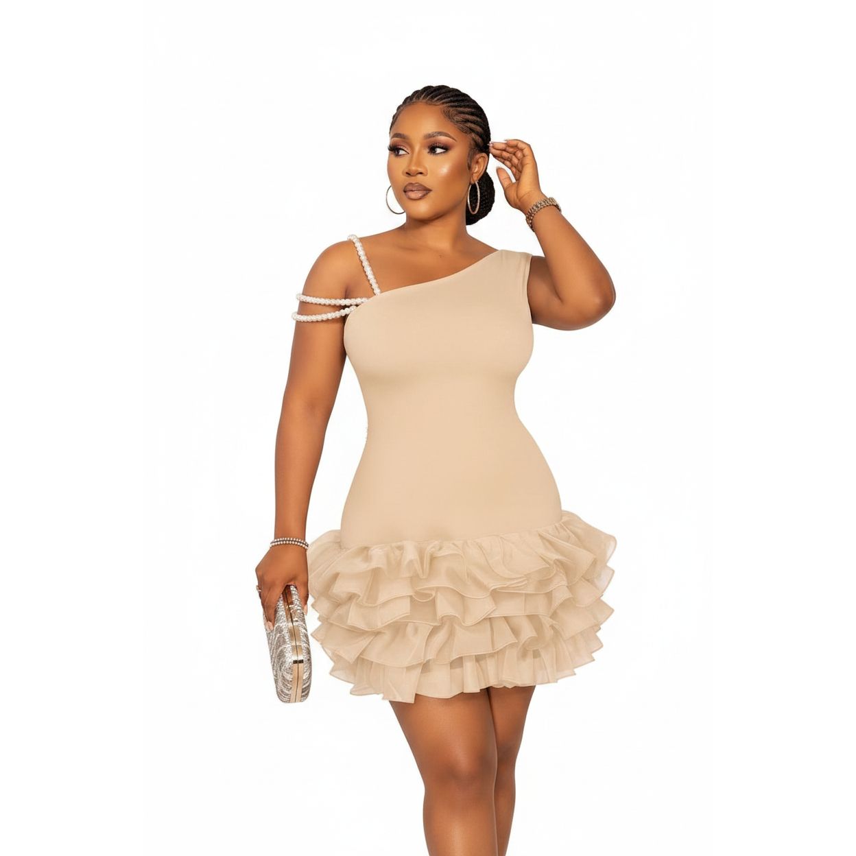 Elegant One-Shoulder Ruffle Hem Mini Dress.