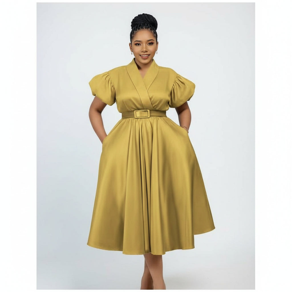 Formal Elegant Overlap Collar A-line Midi Dress.