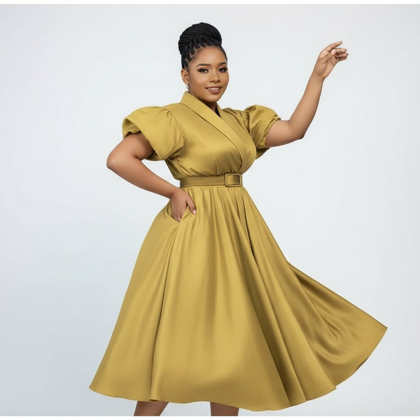 Elegant Overlap Collar A-line Midi Dress.