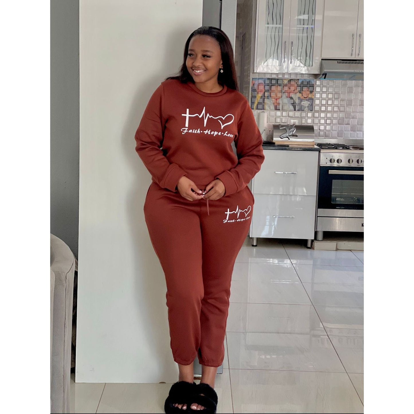 Heart-Shaped Printed Long-Sleeve Drawstring Pants Two-Piece Set