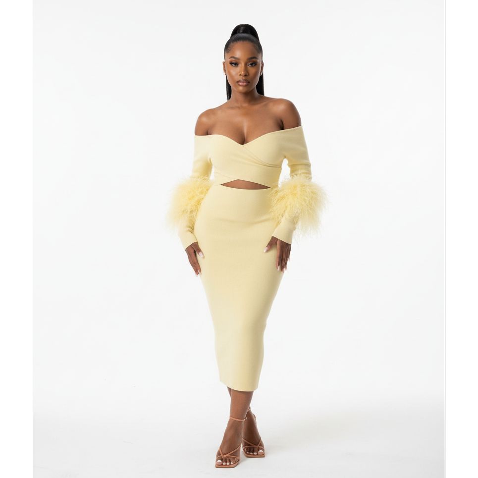 Knitted Off Shoulder Feather Dress