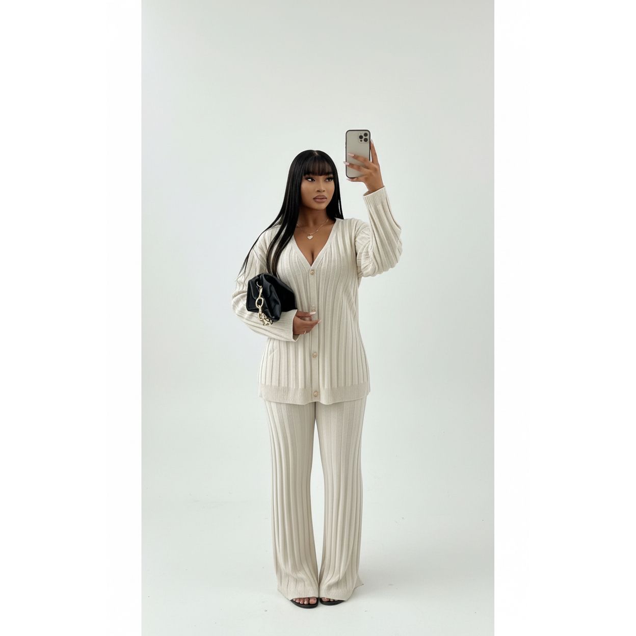 Ribbed Knit V-Neck Two Piece Set