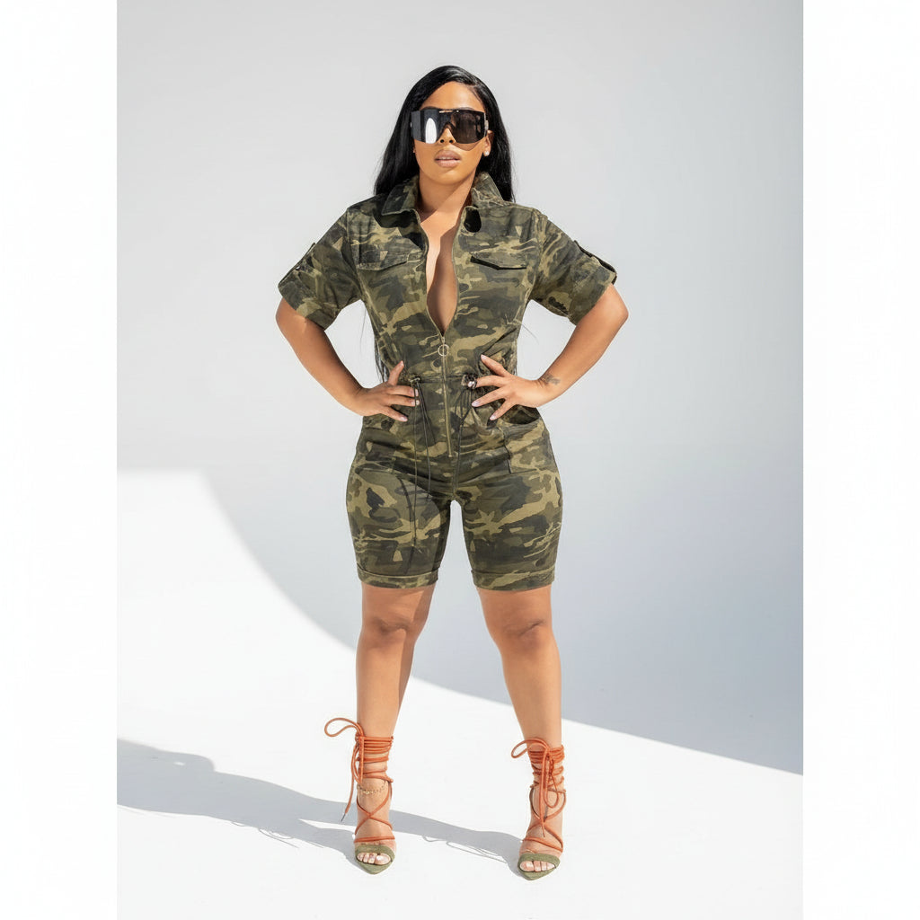 Camouflage Short Zipper Jumpsuit