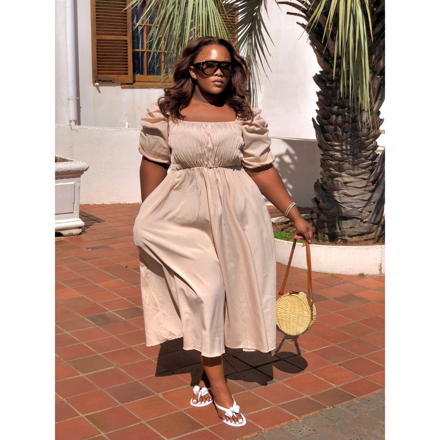 Elegant Puff Sleeve Retro Bandage Solid Design Dress.