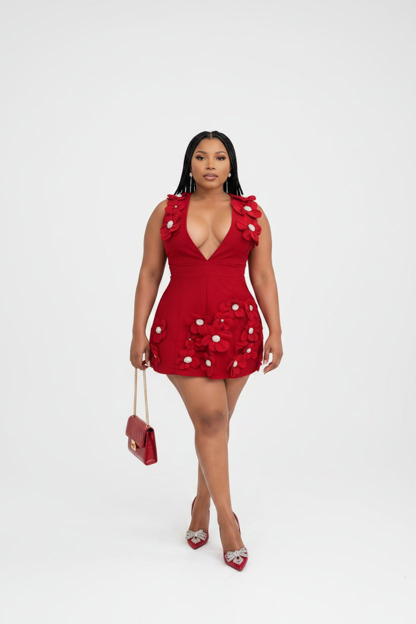 Women's 3D Floral Sculpted Mini Dress – V-Neckline with Crystal Appliqués