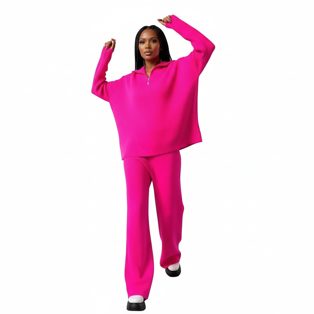 Knitted Zip Neck Top and Pant Set