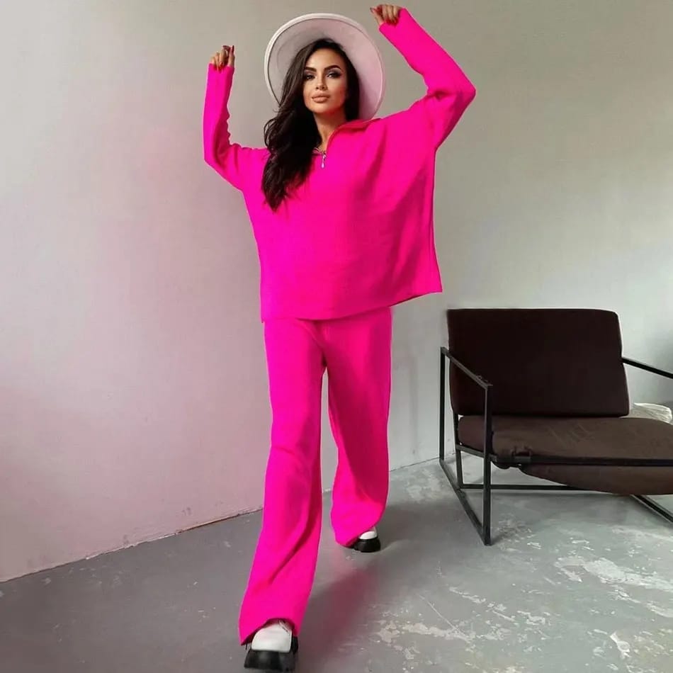 Knitted Zip Neck Top and Pant Set