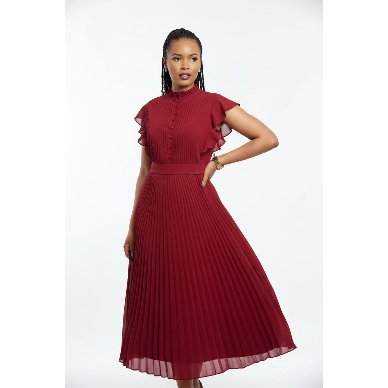Buttoned Pleated Ruffle Dress