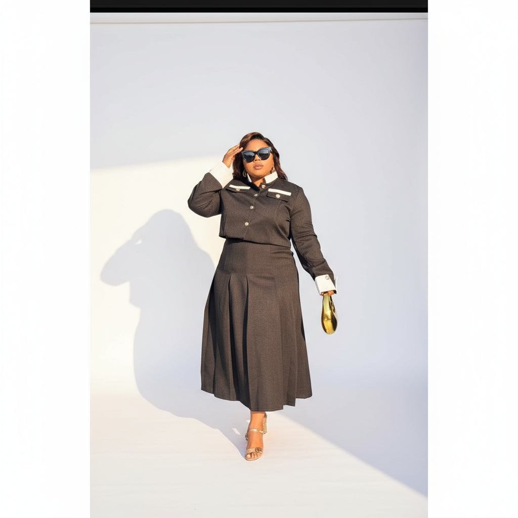 Vintage Contrast Collar Blouse & Cuffs Pleated Maxi  Skirt Suit Set