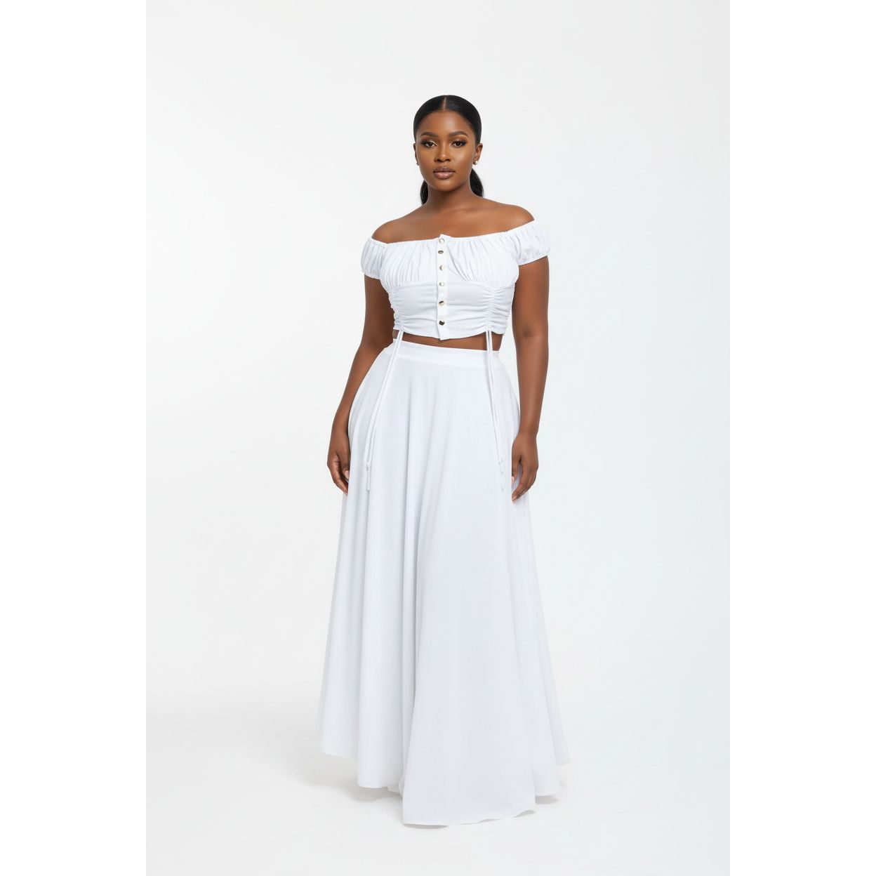 Off Shoulder Button Front Top and Skirt