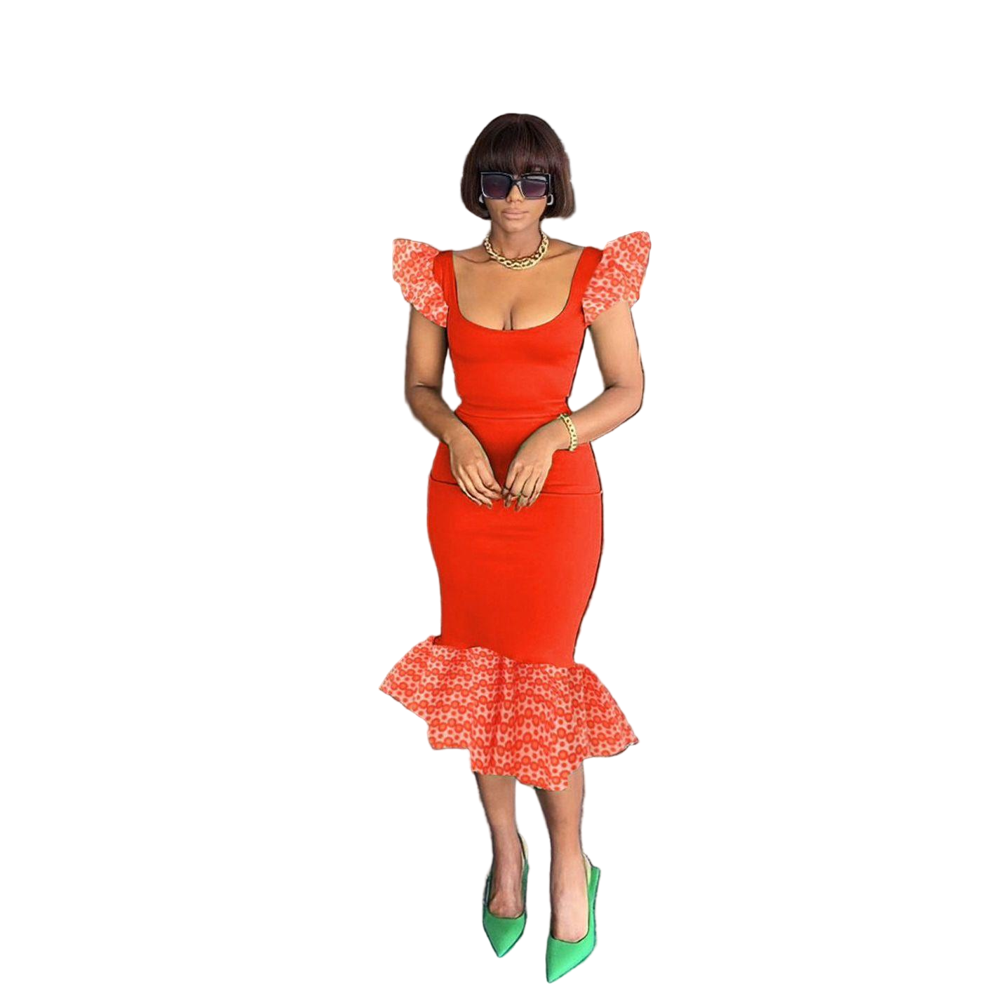 Print Sleeve Wide Neck Bodycon Dress