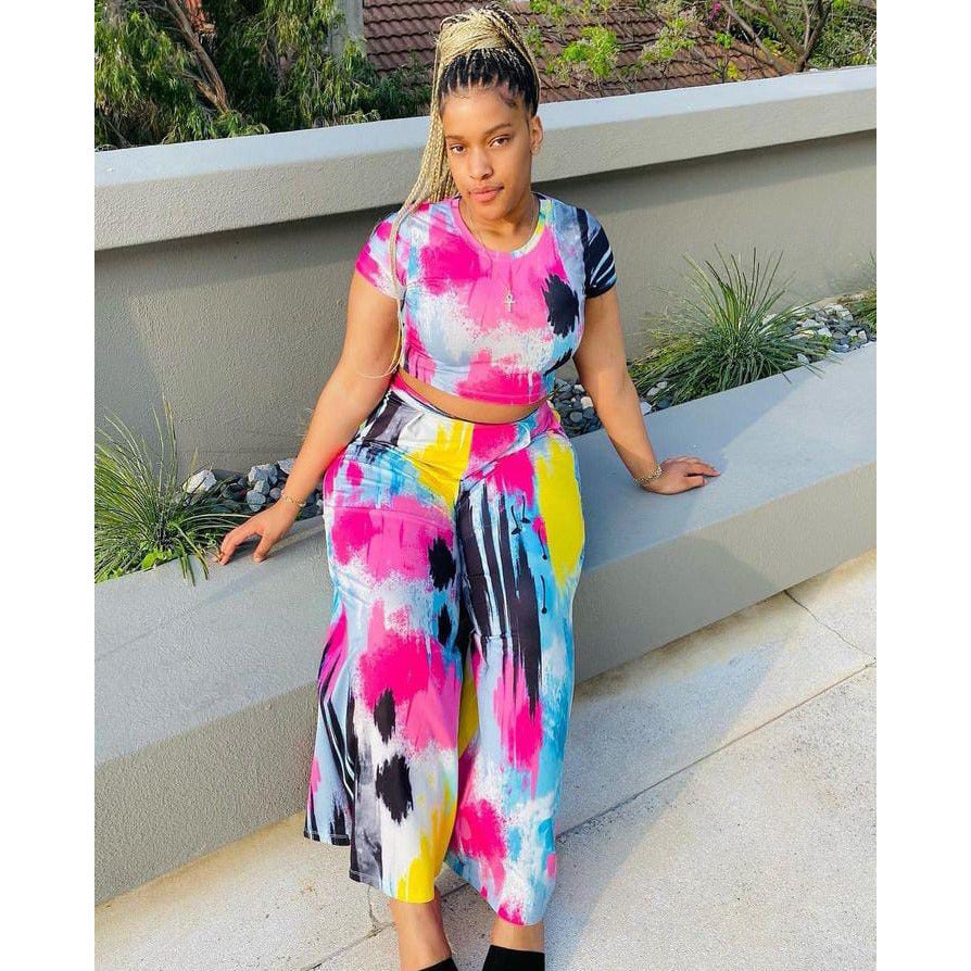 Multi-Color Short Sleeve Crop Top and High Waist Pant