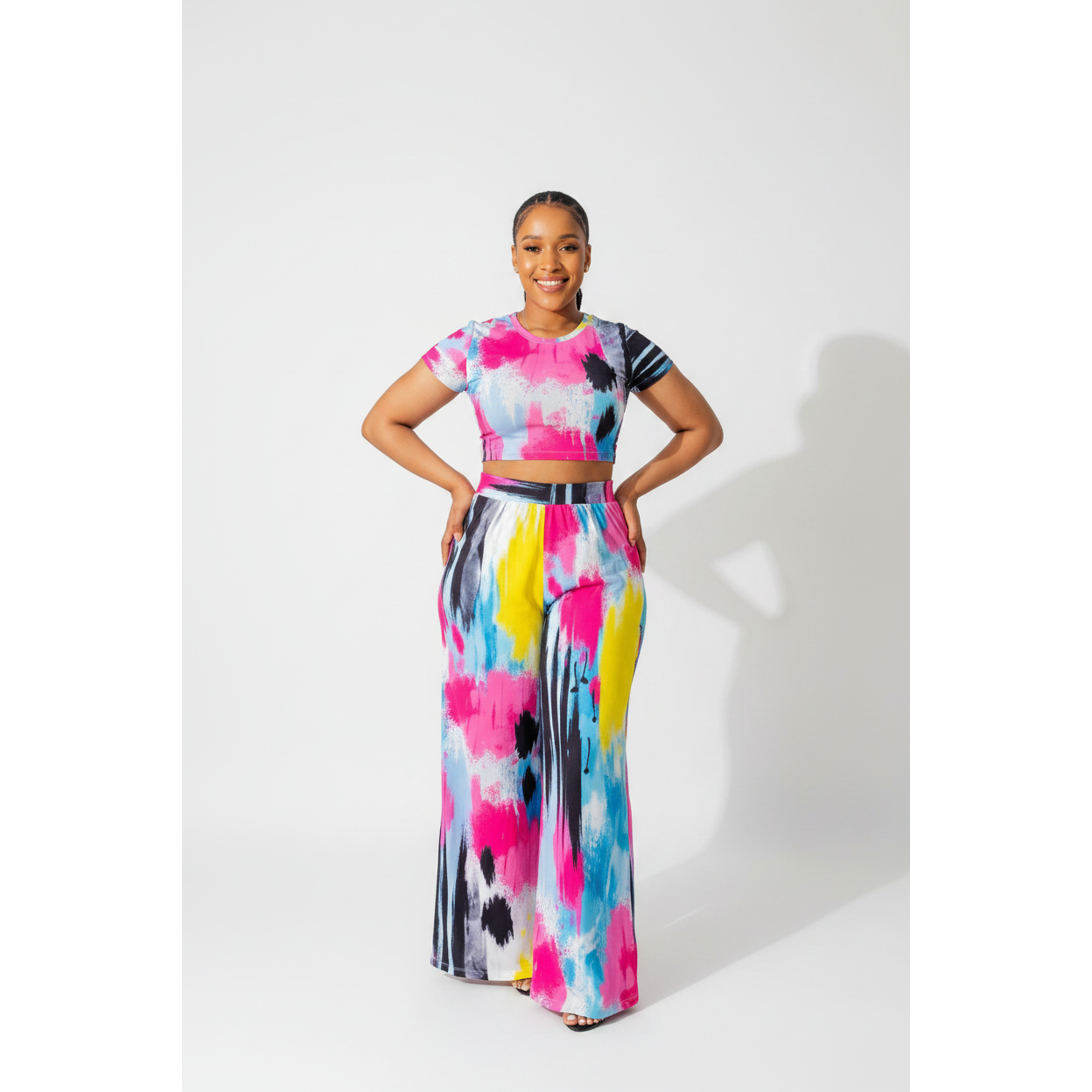 Multi-Color Short Sleeve Crop Top and High Waist Pant