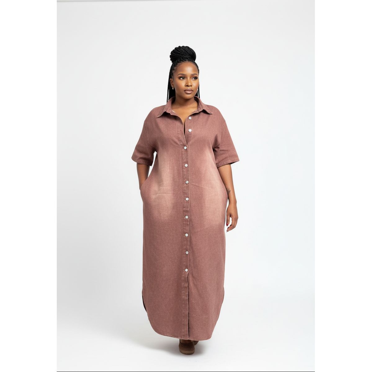 Plus Size Long Sleeve Brown Denim Dress