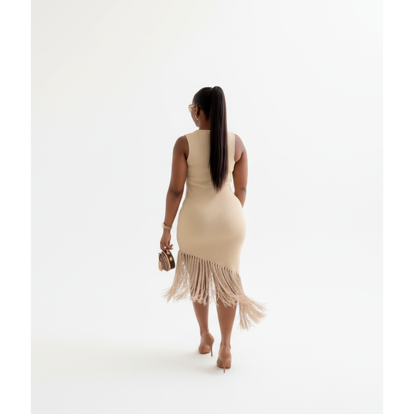 Knitted Tussle Midi Fringe Dress.