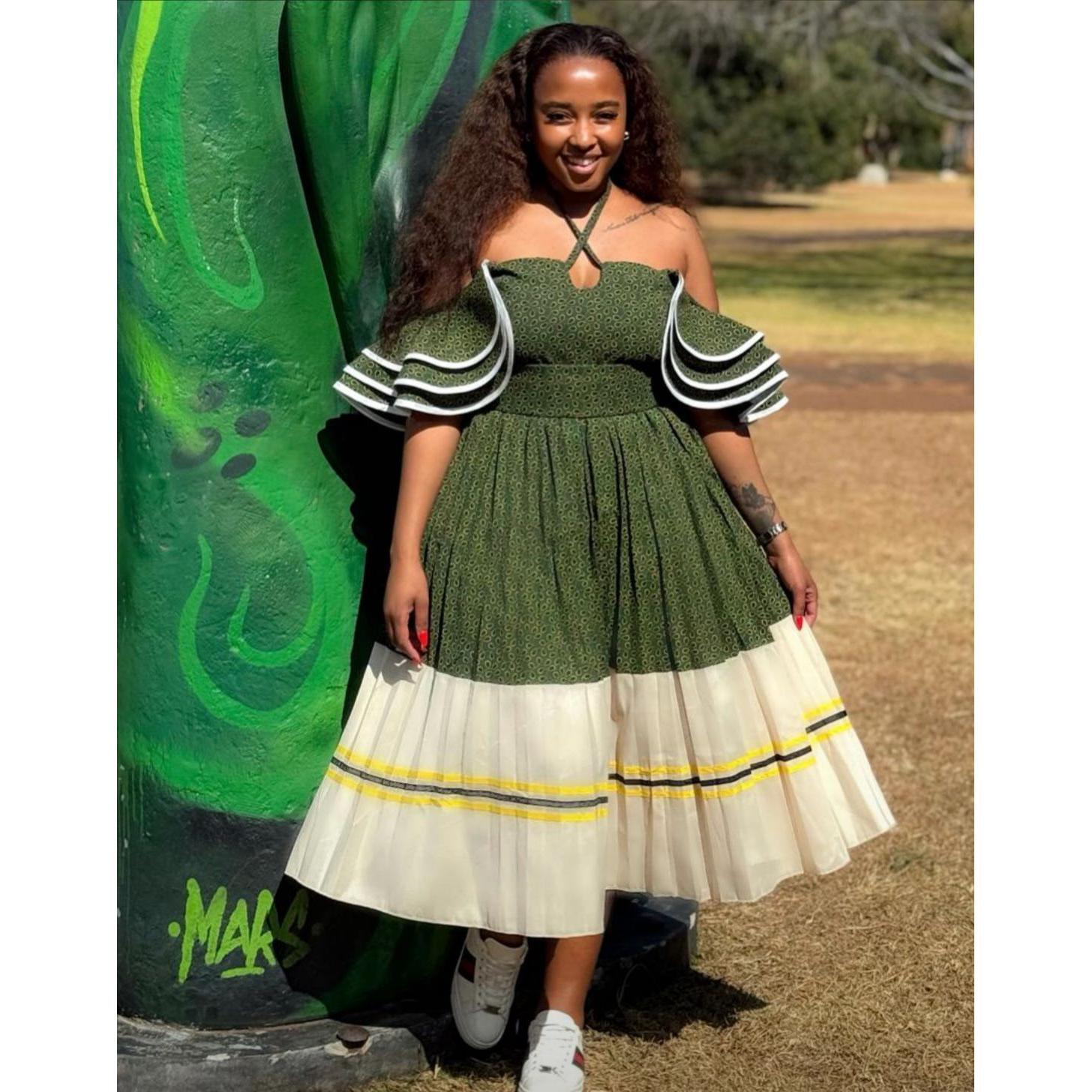 Flare Sleeves Off-Shoulder Pleated Traditional Midi Dress – YELLOW
