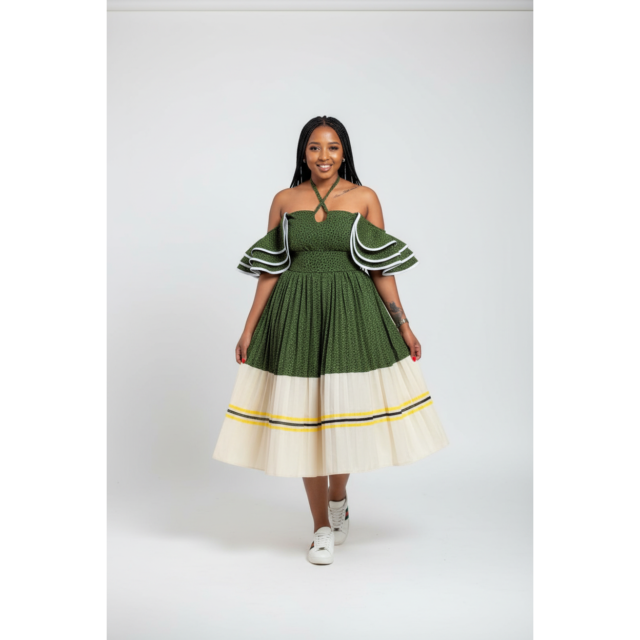 Flare Sleeves Off-Shoulder Pleated Traditional Midi Dress