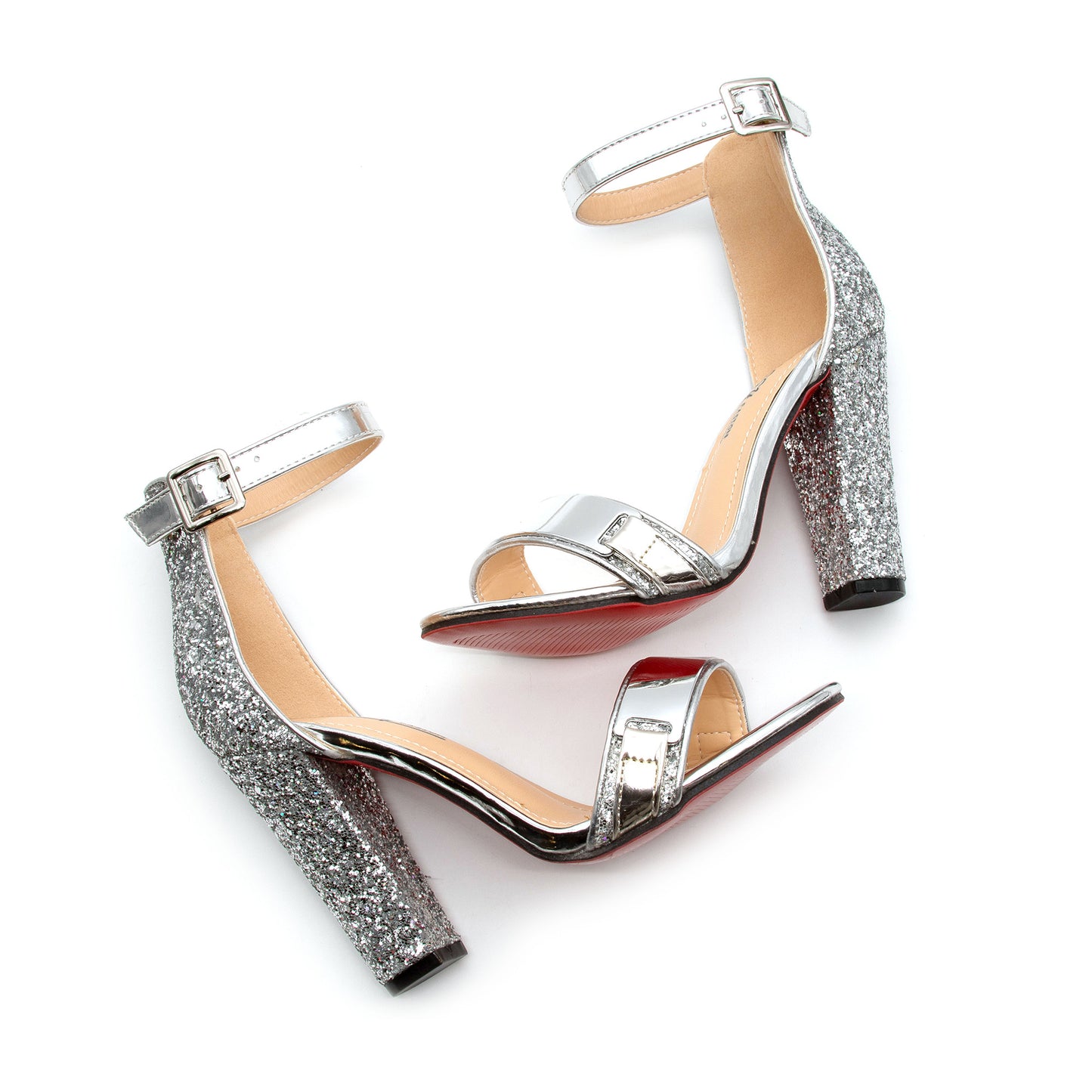 Glitter Ankle Strap Heel Sandal.