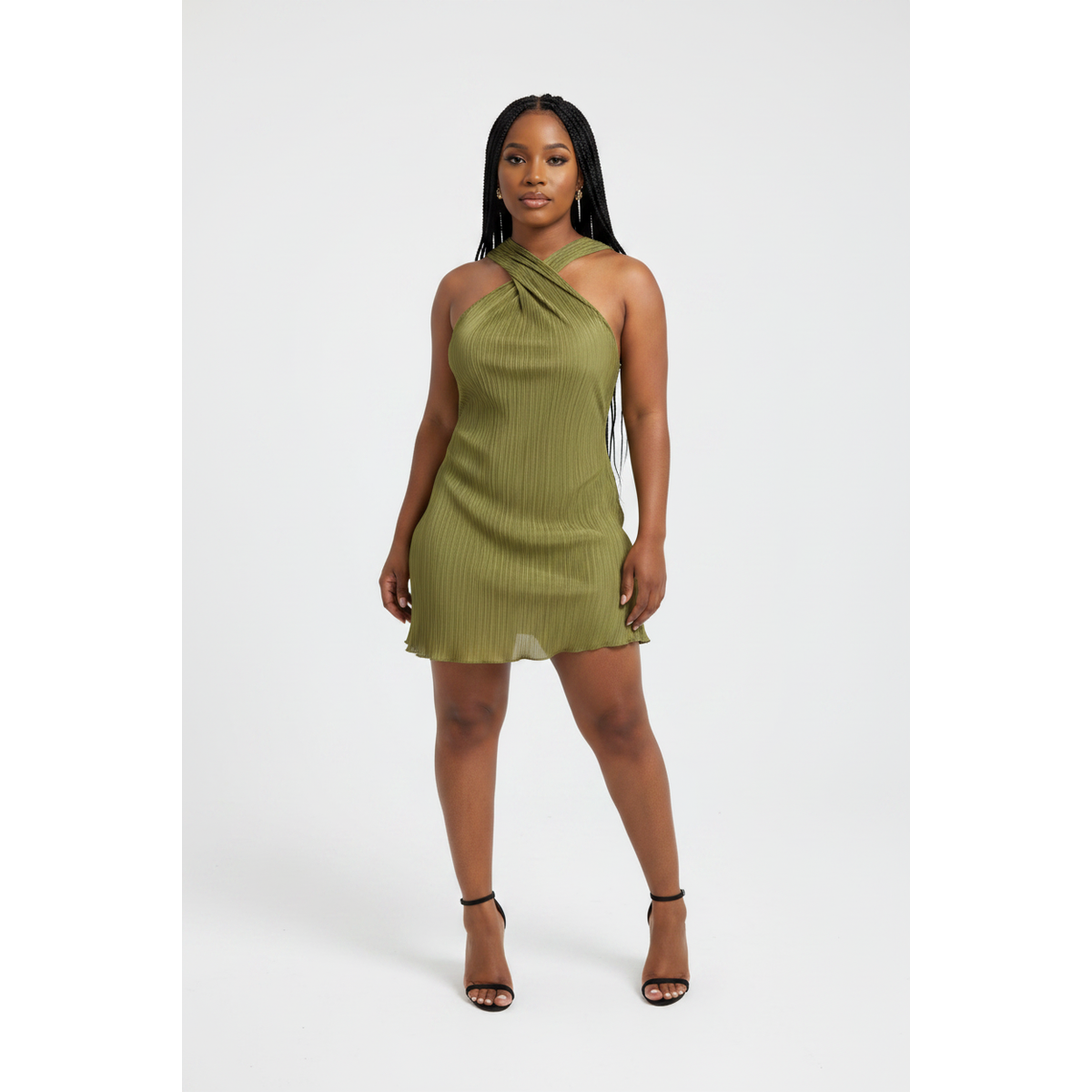 Crossover-Neck Mini Pleats Dress