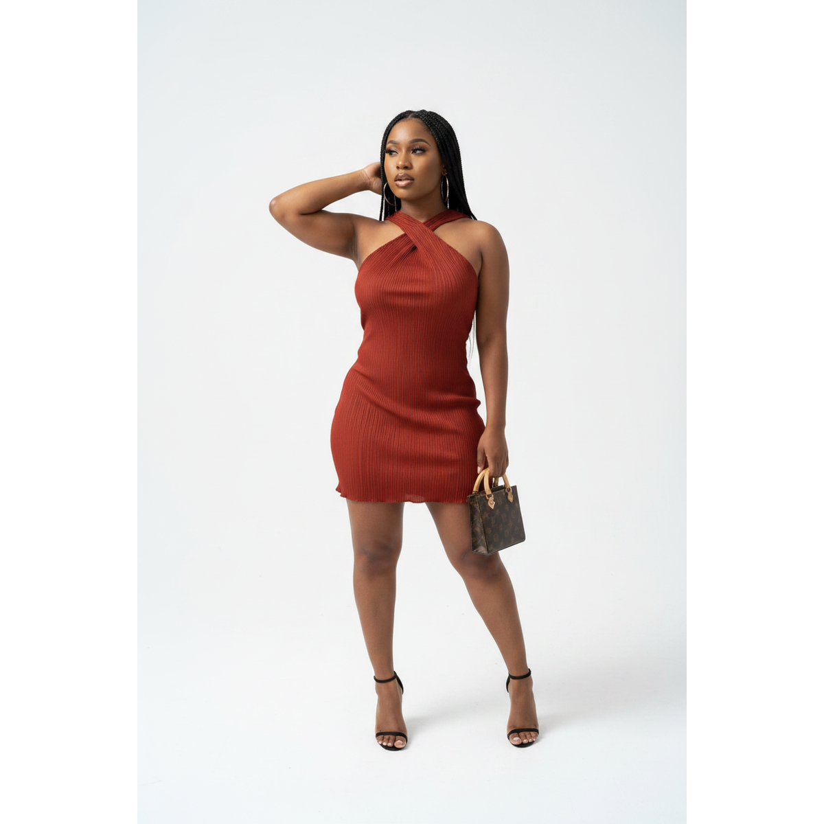 Crossover-Neck Mini Pleats Dress
