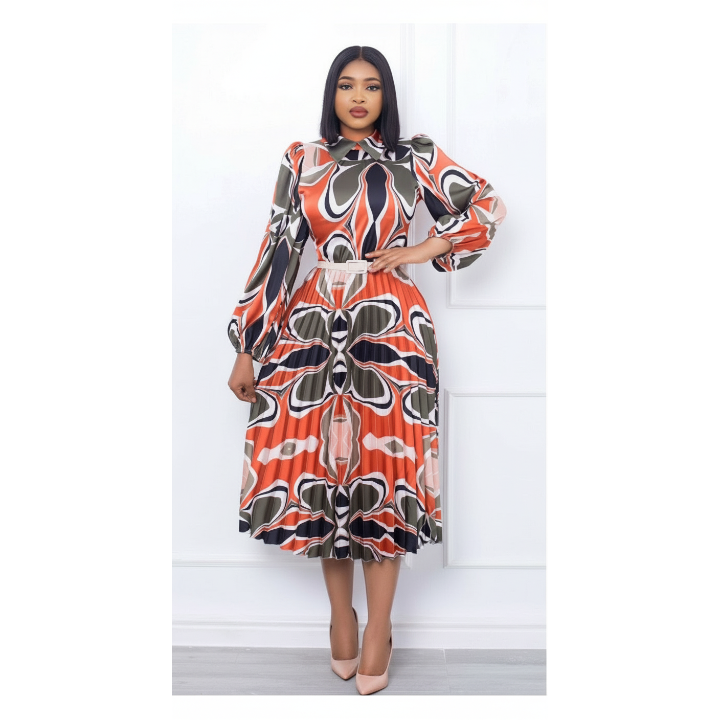 Long Sleeve Pleated High Waist Printed Dress