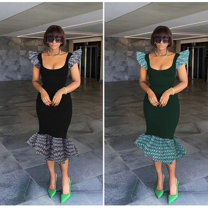 Print Sleeve Wide Neck Bodycon Dress