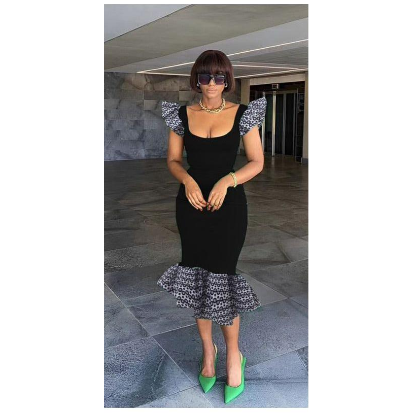 Print Sleeve Wide Neck Bodycon Dress