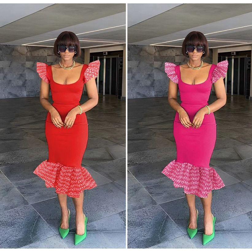 Print Sleeve Wide Neck Bodycon Dress