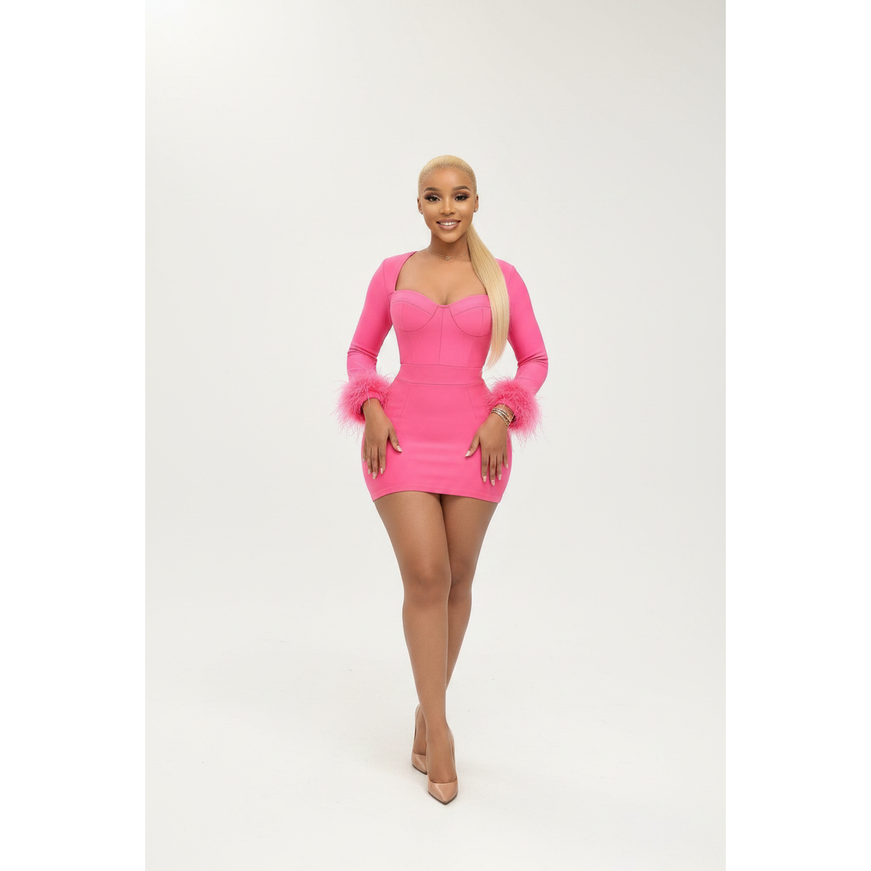 Feather Long Sleeve Mini Dress