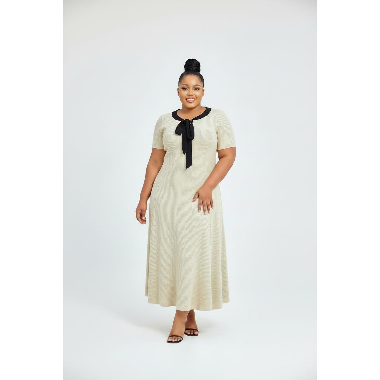 Bow Tie Ribbed Elegant Short Sleeve Knit Dress
