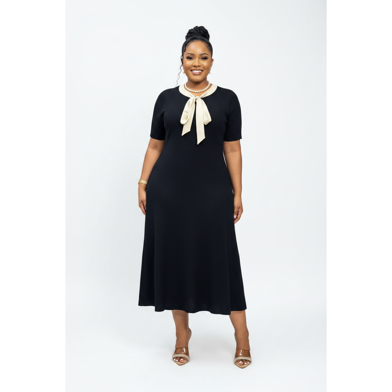 Bow Tie Ribbed Elegant Short Sleeve Knit Dress