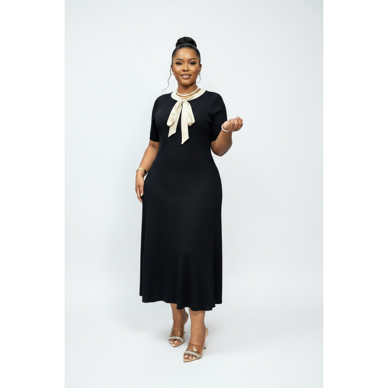 Bow Tie Ribbed Elegant Short Sleeve Knit Dress