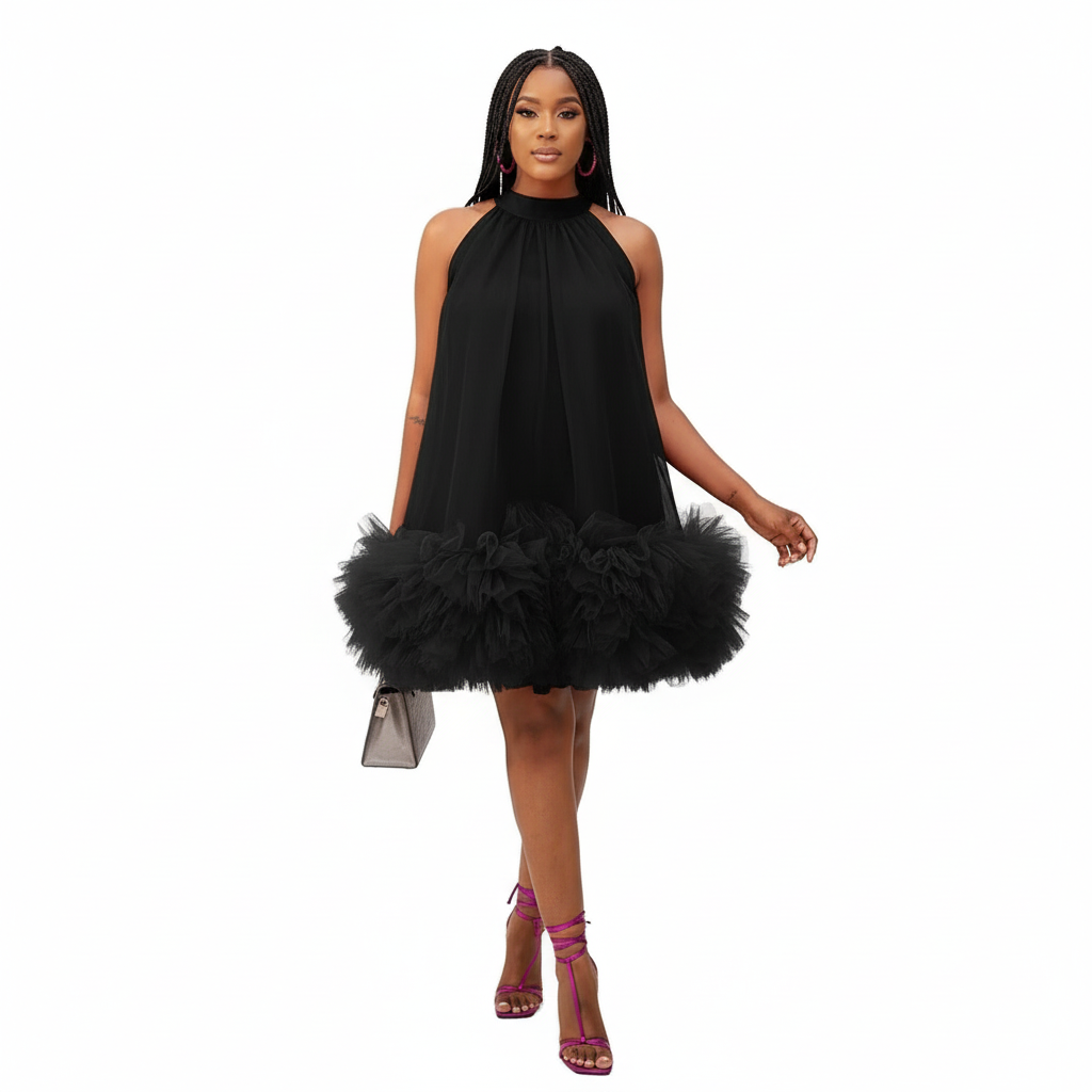 Multi-Layer Mesh Ruffle Halter Neck Dress