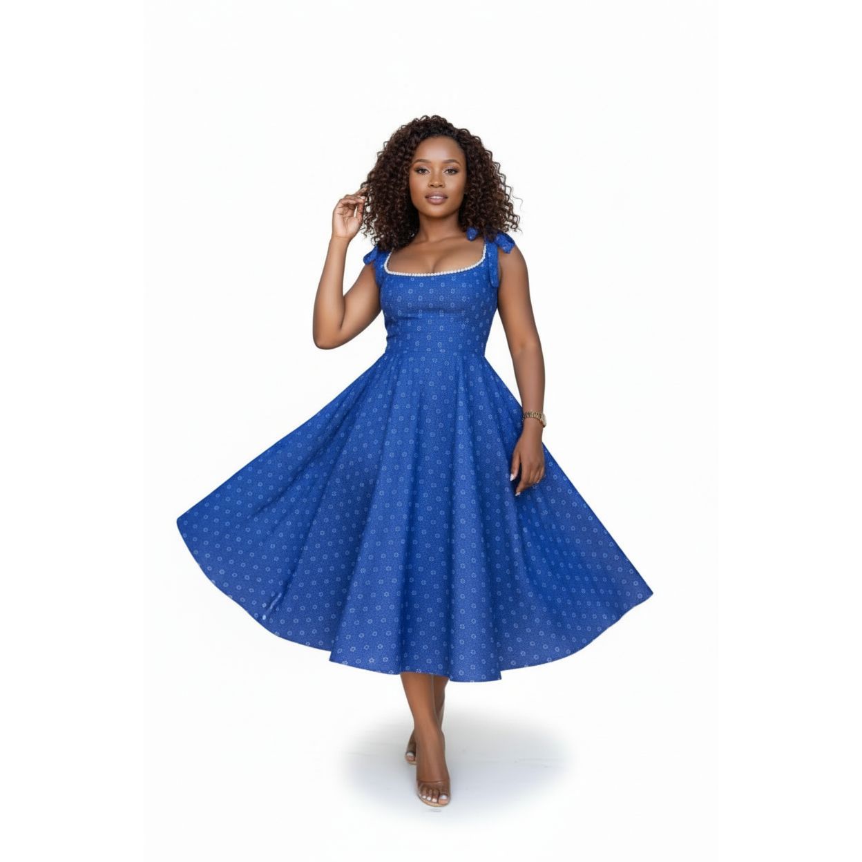 Patterned Dress with Shoulder Ties and Pearl Trim.