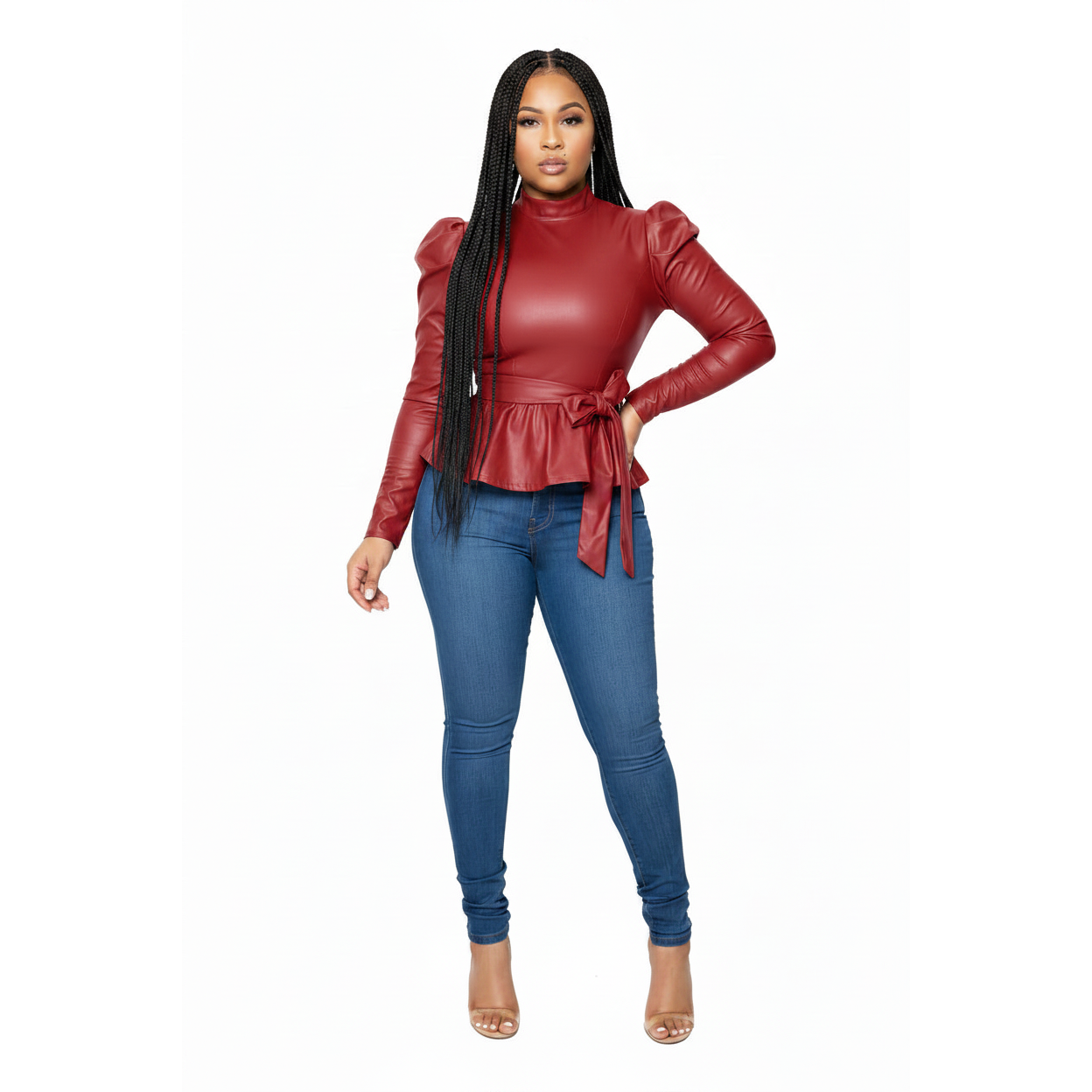 PU Leather Long Sleeve Ruffle Tops