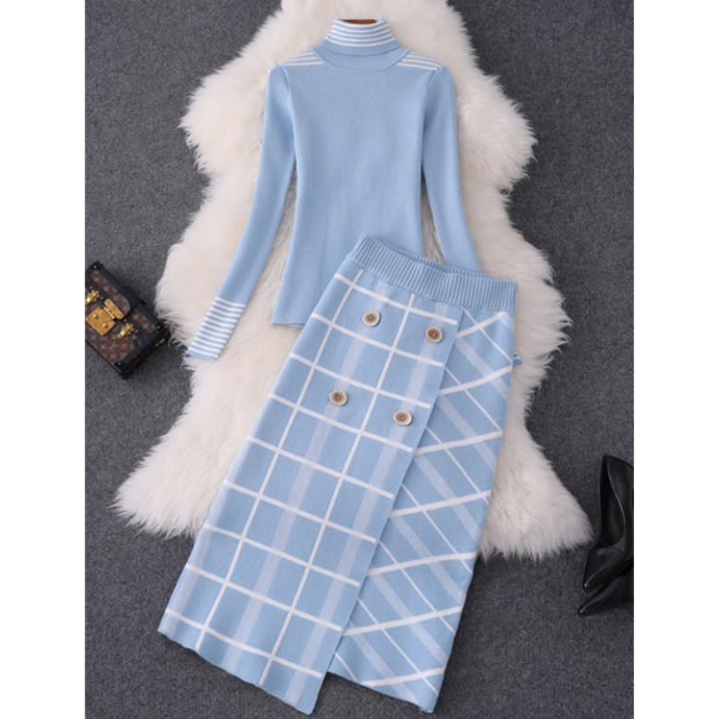 Turtleneck Top and Button Skirt Set