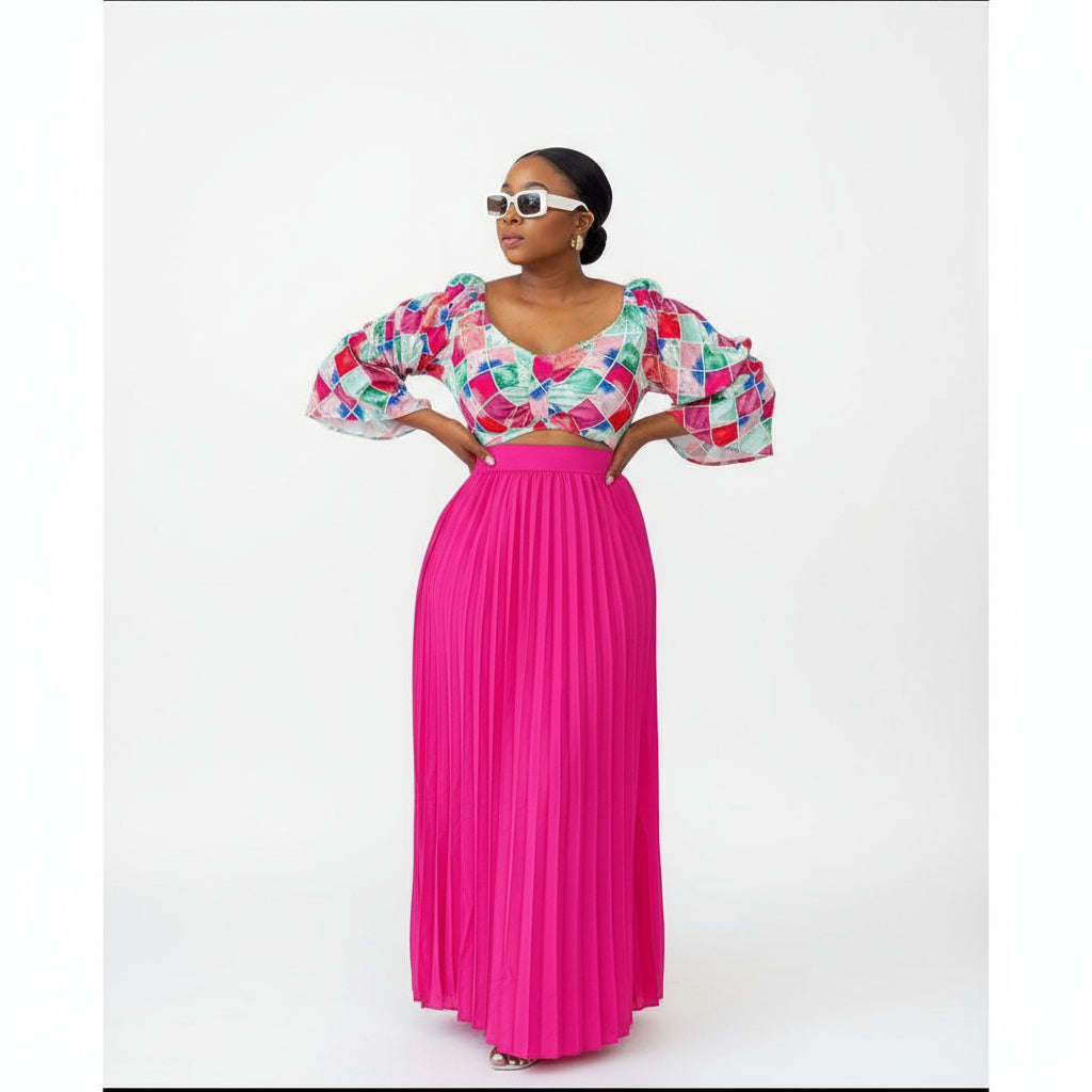 Sexy Round Neck Crop Hot Top and Pleated Skirt